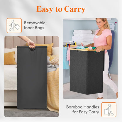 Lifewit 170L Triple Laundry Hamper with Lid, Extra Large Bamboo Laundry Basket Dirty Clothes Hamper,3 Section Laundry Bin Organizer for Laundry Room Bedroom with 3 Removable Liners & Bags, Dark Gray