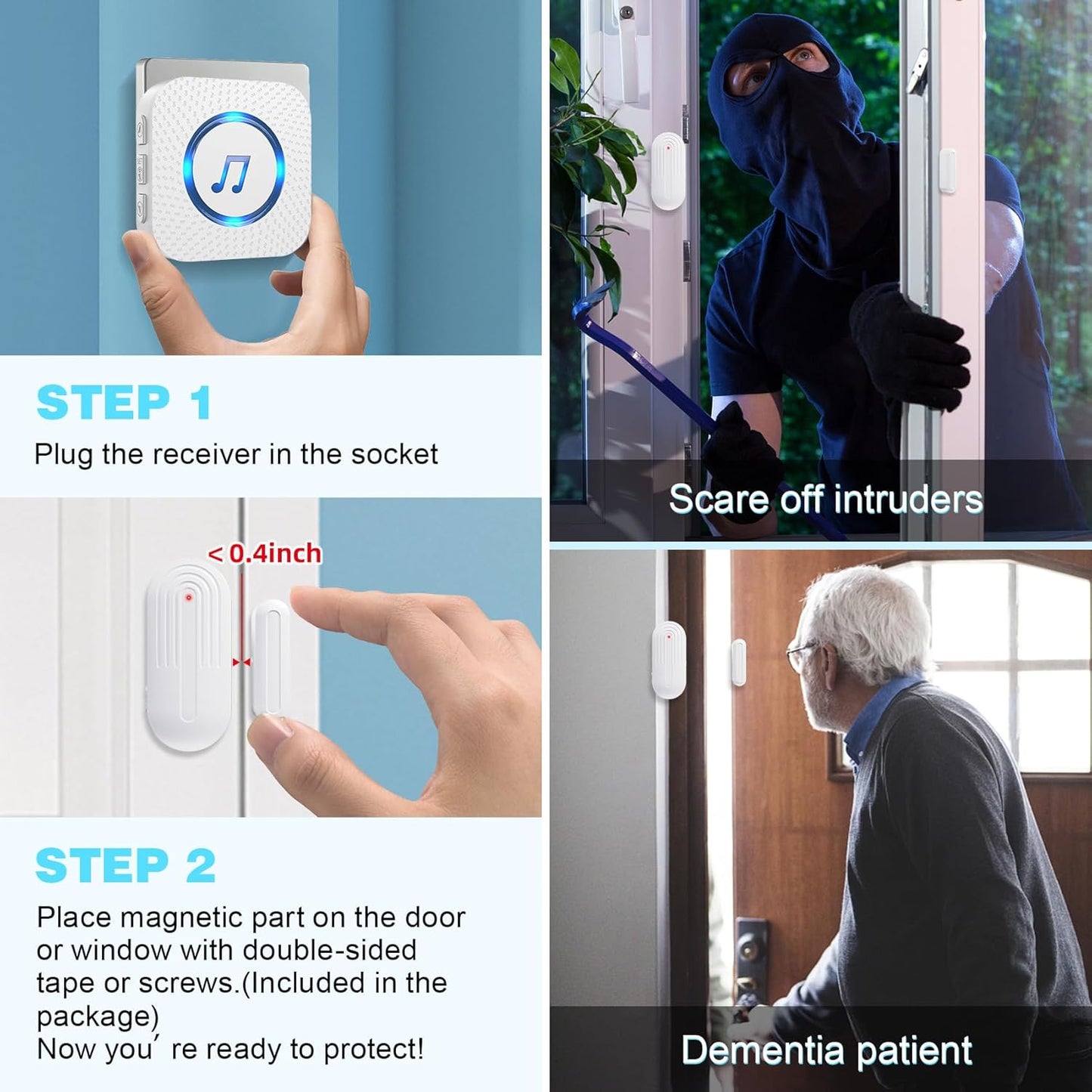 Door Chime,Wireless Door Open Alarm-SANJIE Door Entry Chime with 26 Chimes 5 Adjustable Volume Mute Mode for Business/Home/Store, Pool Alarm with 500ft Range LED Indicators, 1 Receivers + 1 Sensors