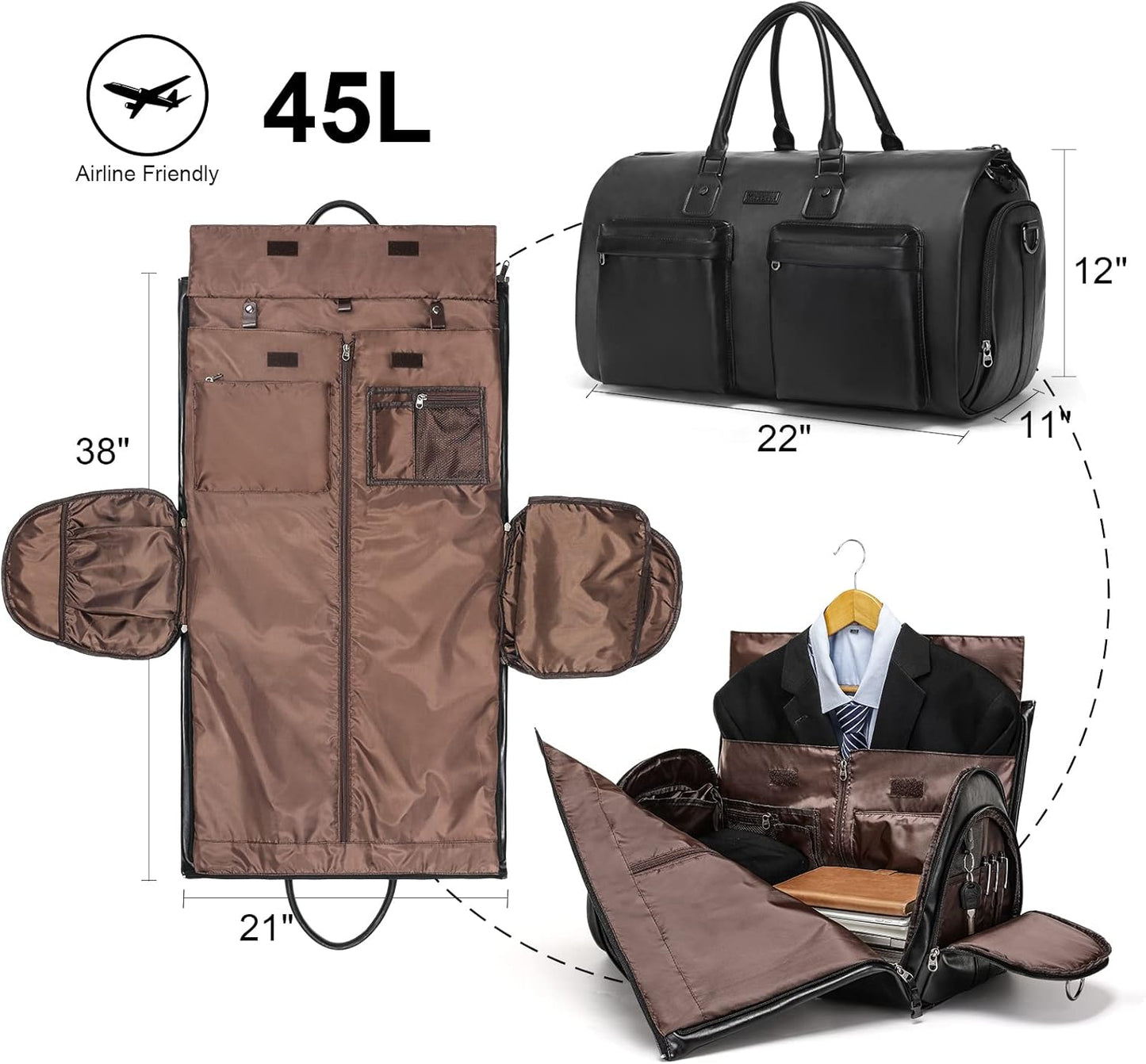 Leather Garment Bag for Travel, Modoker Carry On Suit Carrier Travel Bag with Shoulder Strap/Multiple Pockets - Ideal for Business Trips & Weekend Getaways - The Garment Duffel Bag for Traveling Men
