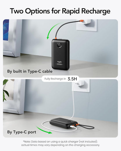 Portable Charger 20000mAh 30W Fast Charging, Power Bank with Built-in Cables & LED Display, USB C Battery Pack for iPhone 16/15/14/13, Samsung, iPad and Android Phones, Ideal for Travel -Black