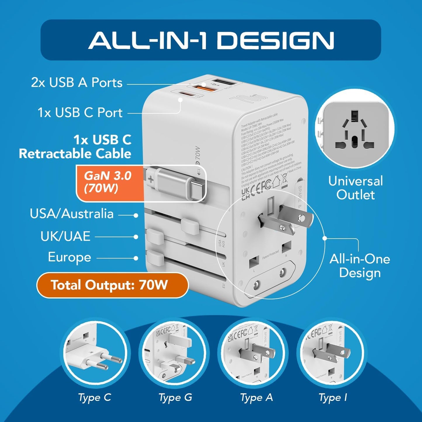 Ceptics GAN 70W Universal Travel Adapter with 65cm Retractable USB-C Cable, 2X USB-A (1x QC 3.0), 1x Type C Port (PD 70W), Universal Power Adapter with Type A, C, G, I Output