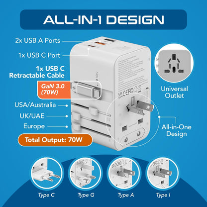 Ceptics GAN 70W Universal Travel Adapter with 65cm Retractable USB-C Cable, 2X USB-A (1x QC 3.0), 1x Type C Port (PD 70W), Universal Power Adapter with Type A, C, G, I Output
