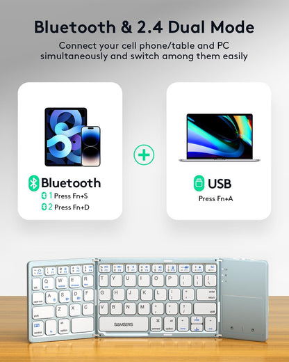 Samsers Multi-Device Foldable Bluetooth Keyboard with Touchpad, Rechargeable Dual-Mode(2.4G+BTx2) Wireless Keyboard with Holder, Portable Folding Keyboards for Android Windows iOS Mac OS - Blue