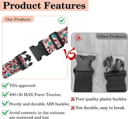 Butterfly Luggage Straps for Suitcases TSA Approved, Luggage Identifiers for Suitcase, Adjustable Suitcase Strap for Baggage Security with Cute Patten, Travel Necessary Accessories (2Pack)