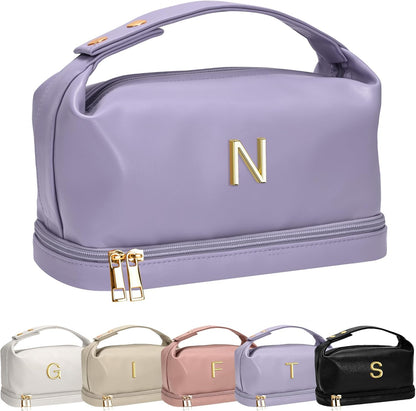 Engagement Gifts, Initial Large Makeup Bag, Personalized Double Layer Cosmetic Bag with Makeup Brush Organizer, Waterproof, Large Capacity PU Leather Travel Toiletry Bag