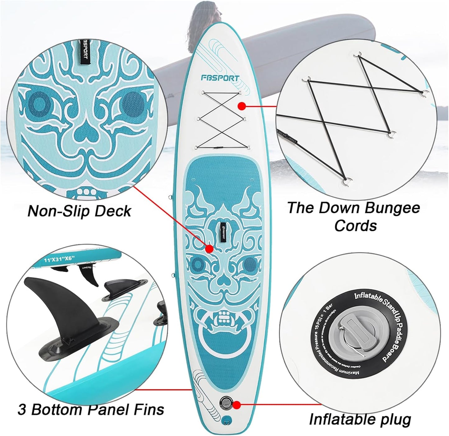 FBSPORT 11' Premium Stand Up Paddle Board, Yoga Board with Durable SUP Accessories & Carry Bag | Wide Stance, Surf Control, Non-Slip Deck, Leash, Paddle and Pump for Youth & Adult