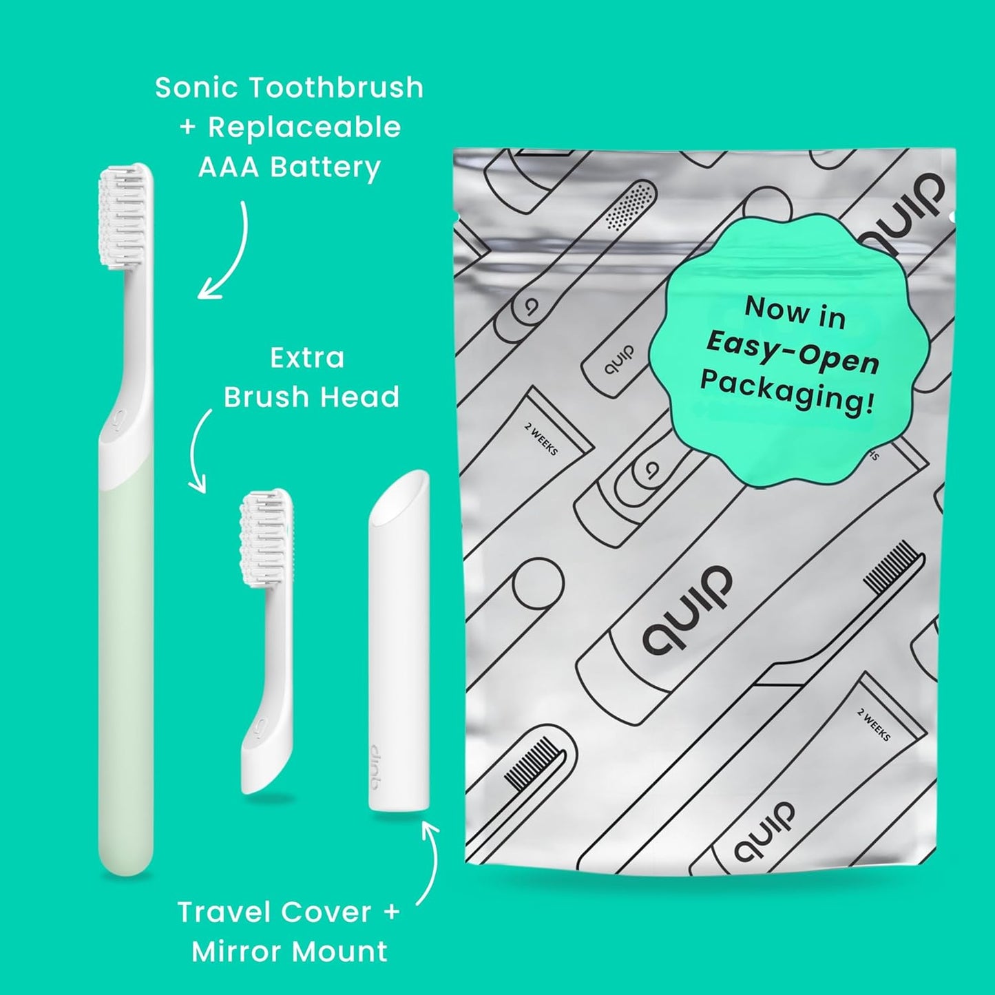 Quip Plastic Sonic Toothbrush, Electric Toothbrush for Adults –Time Travel & Soft Bristles with Travel Case & Replaceable Brush Head -3-Month Battery Life - Sage Green
