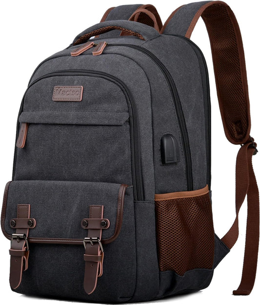Mactso Canvas Travel Laptop Backpack for Men Women, Business Work Rucksack College School Computer Bag Fits 15.6 Inch Notebook,Bookbag with USB Charging Port (Black, 15.6 Inch)
