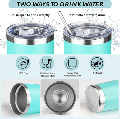 20oz Tumbler with Straw and Brush, Stainless Steel Vacuum Insulated tumbler, Double Wall Insulated Coffee Tumbler for Outdoor, Home, Travel,Office (Light Green,1pcs)