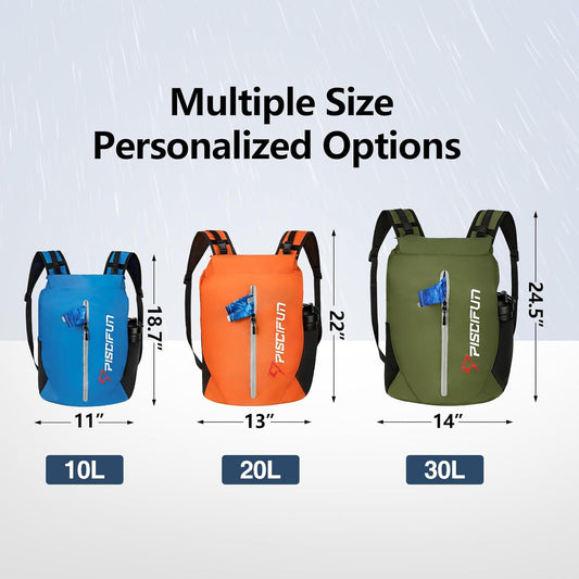 Piscifun Dry Bag Waterproof, Lightweight Dry Backpack Roll-Top Sealed with Waist Pouch and Phone Case Keeps Gear Dry Inside for Kayaking, Boating 10L 20L 30L