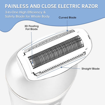 Electric Shavers for Women, 7 in 1 Hair Removal Kit with Epilator Bikini Trimmer Face Razor Body Brush Face Massager Foot Callus Remover, IPX7 Waterproof Lady Razors Set for Legs Armpit Bikini Pubic