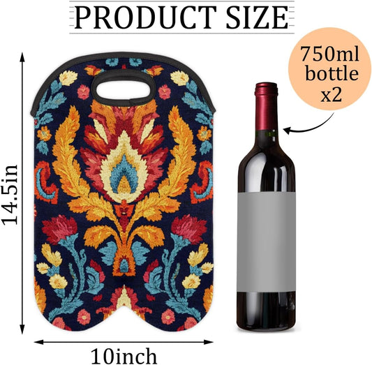 Neoprene Wine Tote, Bottle Carrier Gag Insulating Neoprene Thicker, Insulated Wine Bag for Travel Holds Two Bottles, Bottle Carrier Bags Protect the Bottles, Colorful Totem