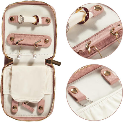 Travel Jewelry Organizer Case - for Tangle-Free Necklaces, Earrings, Rings, Bracelets Storage, Travel Essentials, Fashion Portable Jewelry Travel bags for Women - Small Macaron Pink