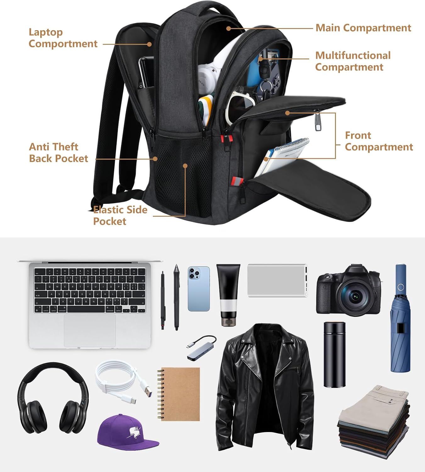 Backpack for Men,School Backpack for boys teens with USB Charging Port,Water Resistant Backpacks for School, Business Work College bookbag,book bag Fits 15.6 Inch,Black Back Pack