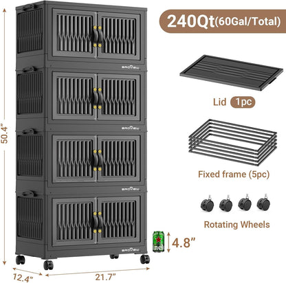 BROVIEW 240Qt Stackable Storage Bins with Lid, Extra Large Closet Organizer Collapsible Drawer Boxes with Wheels, Folding Plastic Cabinet Containers for Home Kitchen Room Organization, 4Pack Black
