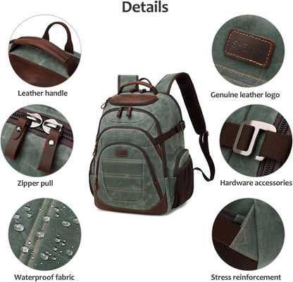Travel Laptop Backpack 17.3 inch XL Computer Backpack for Men Waxed Canvas College Daypack Business Backpack Army Green
