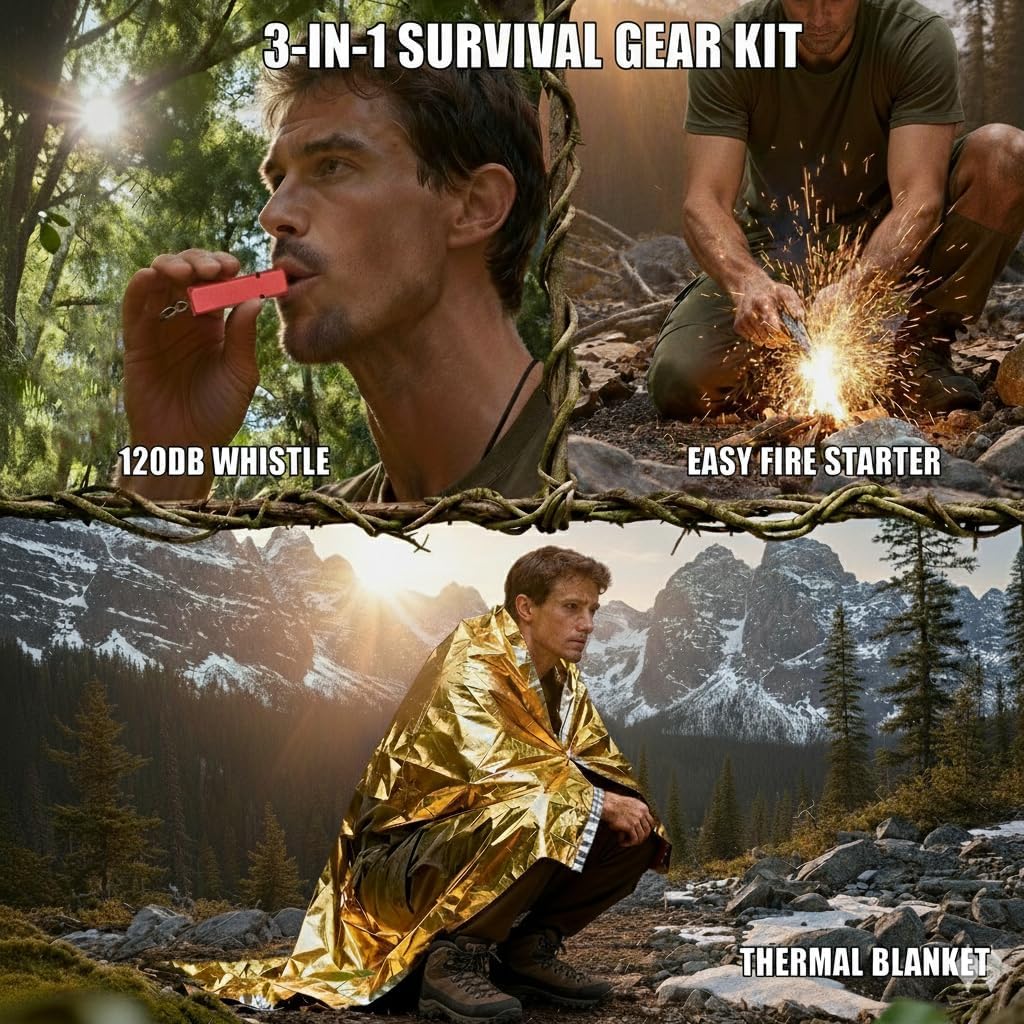 Professional 3-in-1 Survival Kit: Emergency Blanket, 120dB Whistle & All-Weather Fire Starter | Ultimate Safety Gear for Camping, Hiking, Car Emergencies & Storms (3-in-1 5pcs)