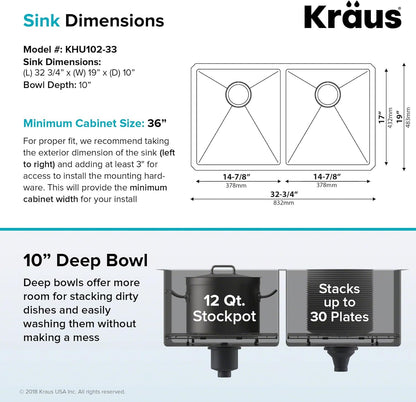 KRAUS Standart Pro 33 -inch Undermount 50/50 Double Bowl 16 Gauge Stainless Steel Kitchen Sink, KHU102-33