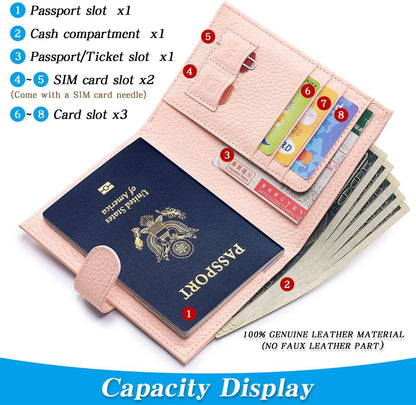 Passport Holder for Travel Women RFID Blocking Genuine Leather Passport Wallet with Card Slots, Zipper Coins Pocket, Cash Holder, Pink