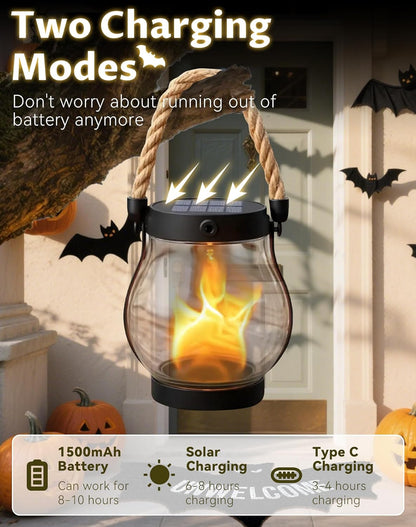 Kaliqo Solar Lantern Outdoor Lights - Official, Waterproof Kaliqo Solar Flame Lights Hangable with Dancing Flame, Hemp Rope Hanging Flame Lanterns,Dual Charging Modes, Smokeless (4 Pack)