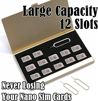 Aluminum SIM Card Case, 12 Slots Ultrathin Nano SIM Card Holder with SIM Card Adapter Kit for Travelers or Holiday Trip (Gold)