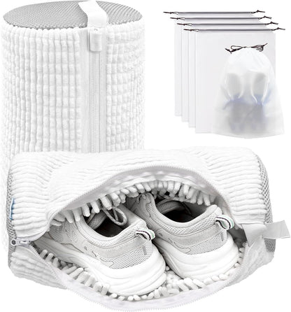 Shoe Washing Machine Bag,Laundry Shoe Bag for Washer and Dryer,Reusable Shoe Cleaning Bag for Sneakers,Tennis Shoes,With Self-locking Zipper, Microfiber Inside,Include Shoes Storage Bag (White(2PC))