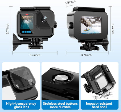 Compatible for Go Pro Hero 13 12 11 10 9 Black Waterproof Housing Case 60M/196FT Protective Underwater Diving Case Shell with Cameras Handle Mount Accessories Kit