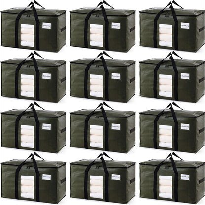 TAILI 12 Pack Green Extra Large Storage Bags, Heavy Duty Totes with Visible Window, Wrap Around Handles, Perfect for Moving and Storage