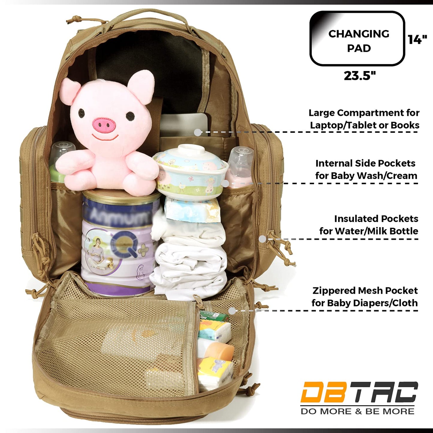 Diaper Bag Backpack for Dad, DBTAC Large Baby Nappy Bag for Men w/Changing Mat, Insulated+Wipe Pockets, Stroller Straps, Tan