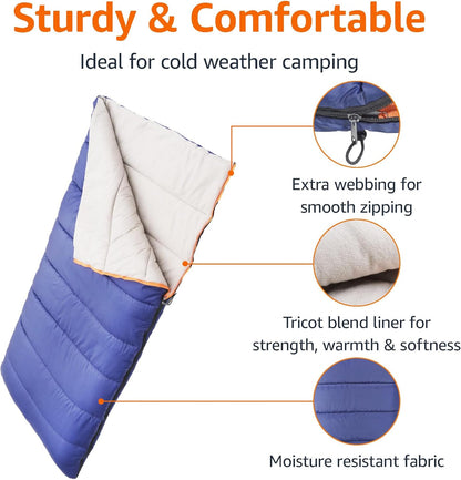 Amazon Basics 30°F Cool Weather Sleeping Bag, 75 Inches x 33 Inches, Blue