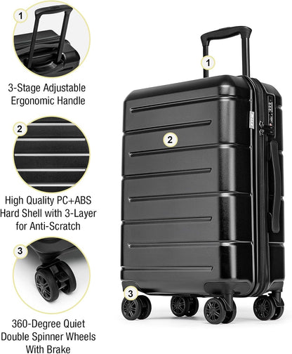 KYME Hardside Carry On Luggage 22x14x9 Airline Approved with TSA Lock Hardshell Carry On Suitcase with Spinner Wheels Travel Rolling 22 Inch Luggage with Cup Holder for Men Women Black