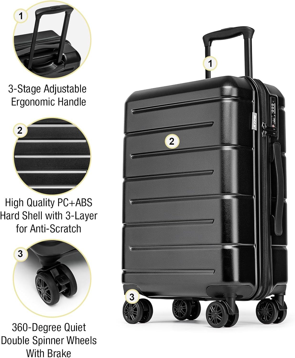 KYME Luggage Sets 2 Piece Hardshell 22"/26" Suitcase with Spinner Wheels Hardside Suitcases Sets with TSA Lock Lightweight Travel Luggage Set with Cup Holder for Women Men Black