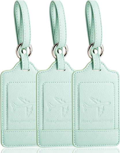 Teskyer Luggage Tags, 3 Pack Premium PU Leather Luggage Tags for Suitcases, Privacy Protection Travel Bag Tags, Lichee Light Green