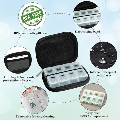 Serfeymi Weekly Travel Pill Organizer Pill Case for Purse with Removable 7 Day Pill Box, Fashionable Travel Medicine Organizer Pill Container for Medicine, Vitamin, Supplement - Black 03 + Pill Box