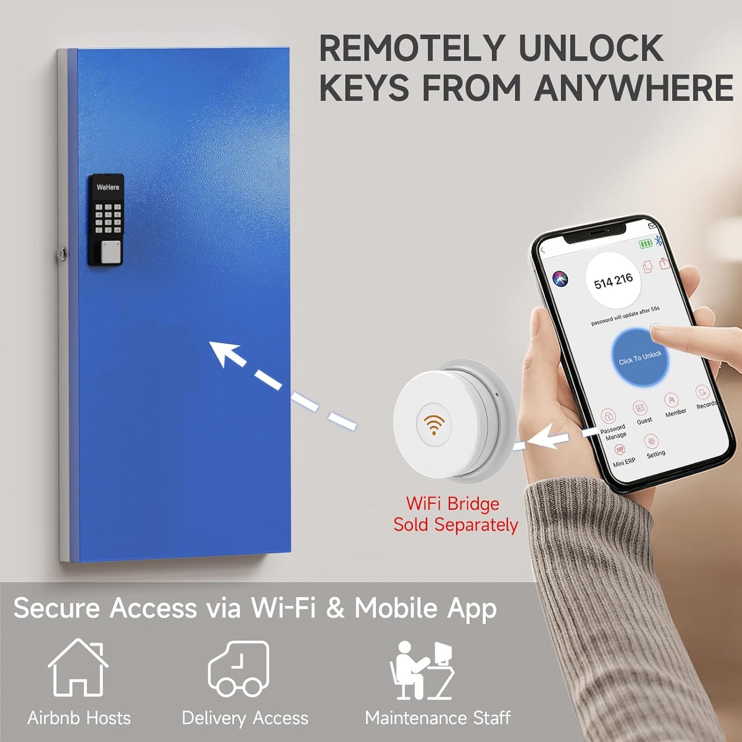 WeHere 120 Key Lock Box Wall Mount, Smart Security Storage Lockbox, Key Cabinet use APP Bluetooth/Fixed/Dynamic Password/OTP Share Unlock, Key Management for Valets/Realtors/Office