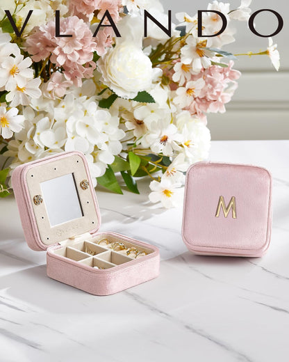 Vlando Birthday Gifts for Women Friendship, Personalized Initial Jewelry Box, Friendship Gifts for Women Friends, Travel Essentials Small Jewelry Box, Travel Box for Girls - Letter J, Pink