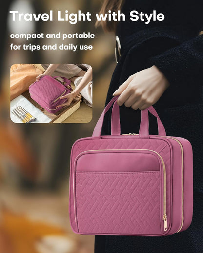 HOTOR Travel Toiletry Bag for Women & Men, Waterproof Makeup Bag with Hanging Hook and Multiple Pockets, Cosmetic Bags for Women, Travel Essentials, 12.6'' x 4.3'' x 9.9'', Rosewood-Pink