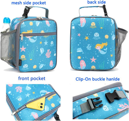 FlowFly Kids Lunch box Insulated Soft Bag Mini Cooler Back to School Thermal Meal Tote Kit for Girls, Boys, Mermaid