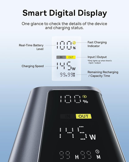 Baseus Laptop Power Bank, 20800mAh 145W Portable Charger USB C with 4 Ports, Digital Display, Travel Powerbank Fast Charging (77Wh) for MacBook, iPhone 16/15 Series, Samsung, Dell, Steam Deck etc.