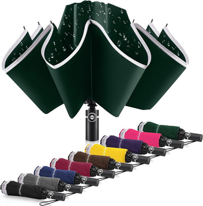 Bodyguard Inverted Umbrella - Large Windproof for Rain & Sun, Compact Reverse With Reflective Stripe, Teflon-Coated for Women Men, Travel Folding With Cover Bag