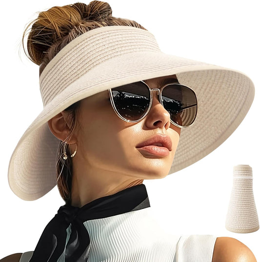 PFFY Sun Hats for Women Straw Beach Hat Packable Foldable Wide Brim Ponytail Travel Visor
