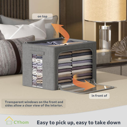 CYhom 4 Pack Clothes Storage Bins with Metal Frame - Linen Fabric Foldable Stackable Container Organizer Set with Clear Window & Carry Handles & Zippers (Dark Gray, 19.7"x15.7"x13")
