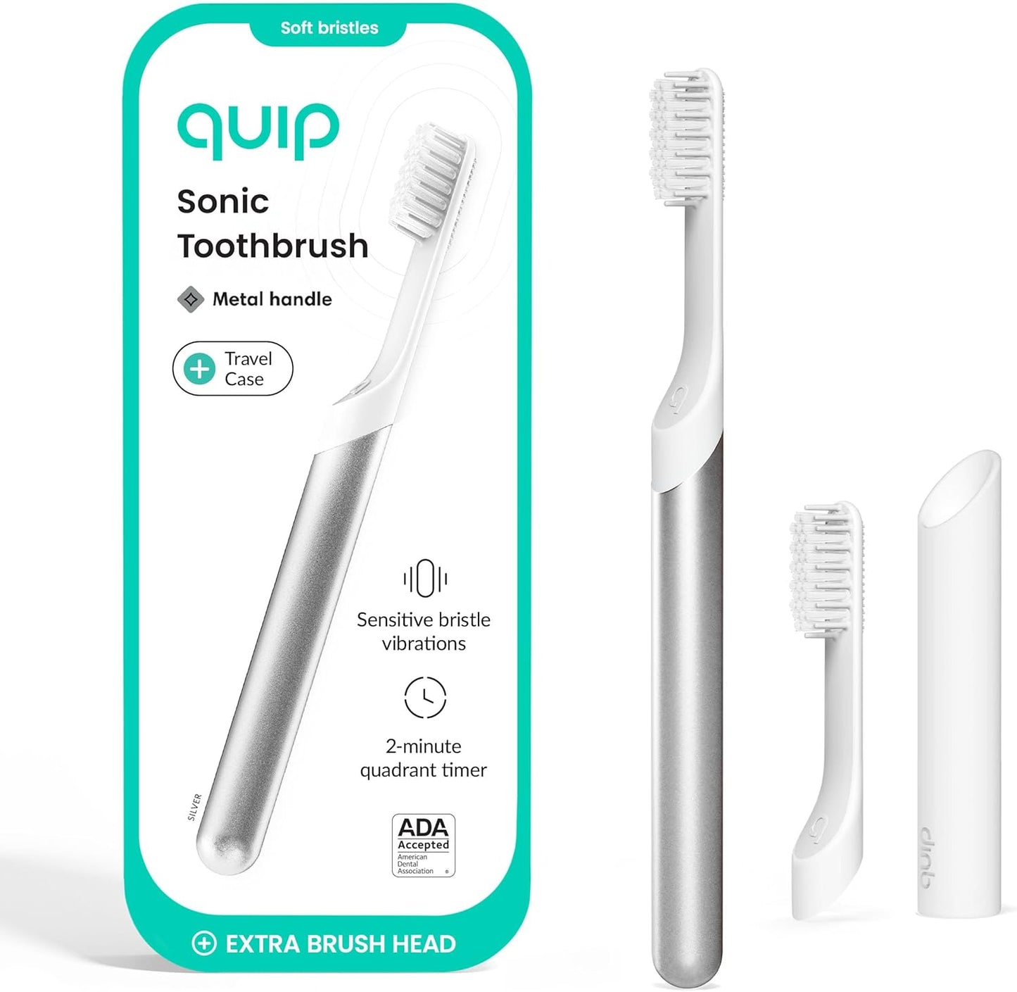 Quip Sonic Toothbrush for Adults with Timer - Includes Extra Brush Head and Travel Cover Mount - Electric, Soft Bristle Refill Head, Metal Handle, 3 Month Battery Life - Travel Toothbrush - Silver