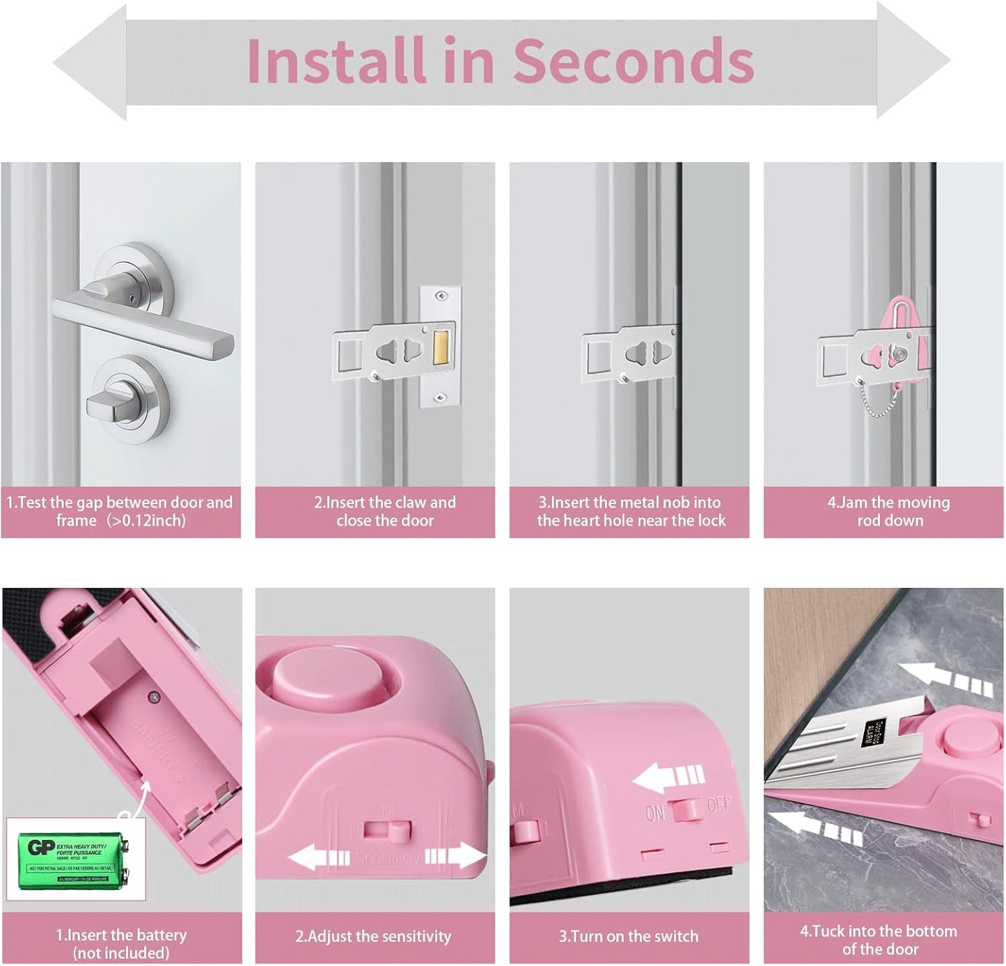 Portable Door Lock & Door Stop Alarm Set, Dual Protection Home Security Door Kit, Travel Hotel Door Lock Devices Pocket Self Defensey Tools for Traveling Hotel Home Apartment,Pink