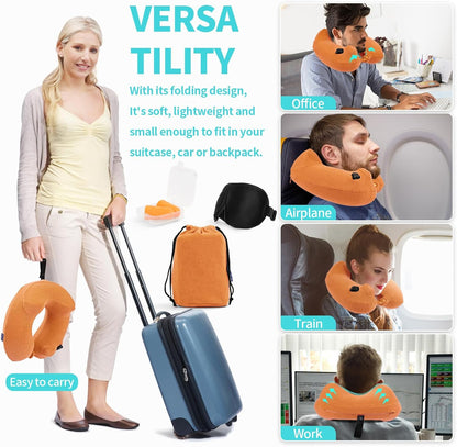 2 Pack Inflatable Travel Neck Pillows for Airplanes, Head Support Velvet Adult Neck Pillows for Long Flight, Kit with Eye Mask, Earplugs and Storage Bag, 2, Orange