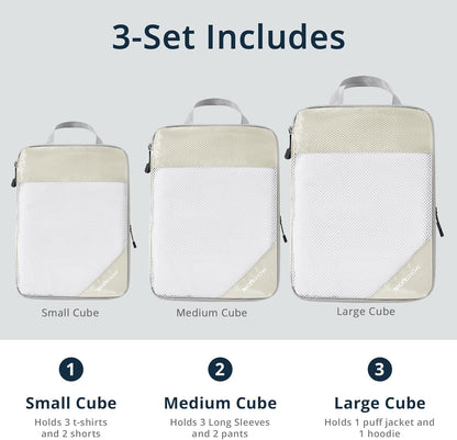 Compression Packing Cubes 3 Set, Compressible Space-Saving Packing Cubes for Travel - Compression Bags, Luggage Organizer, Travel Essentials for Women, Beige