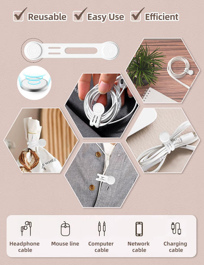 Magnetic Cord Ties Organizers, Kanemc Silicone Cable Tie Cord Wrap Reusable Twist Ties Wire Strap For Charging Cables Headphones USB Type C Cable Small Cords (8-Pack, White)