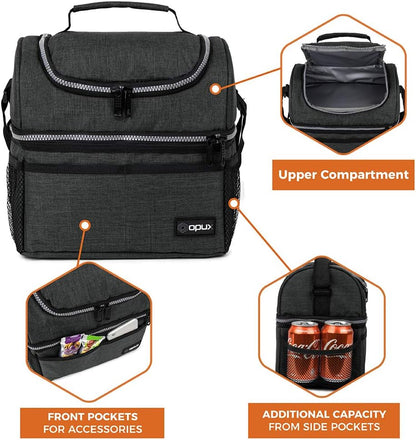 OPUX Lunch Box For Men Women, Insulated Large Double Decker Lunch Bag, Charcoal Gray, 10x7.5x10 Inches