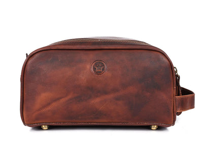 10" Premium Leather Toiletry Travel Pouch With Waterproof Lining | King-Size Handcrafted Vintage Dopp - Kit Gift for Father's Day By Aaron Leather Goods