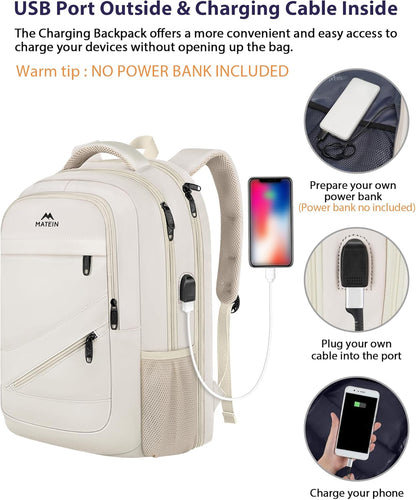MATEIN 17 Inch Laptop Bookbag for Women, College School Backpack Large Capacity with USB Port & Luggage Strap, Water Resistant Padded Computer Backpack TSA Approved for Nurse Work Travel, Beige